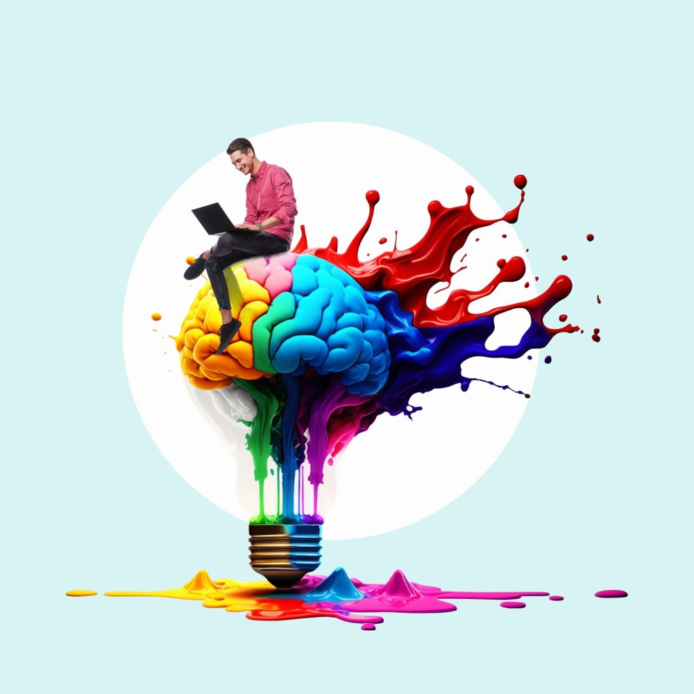 A man with a laptop is sitting on  light bulb with human brain as a idea colorful brain splash Brainstorm and inspire concept. Art collage.